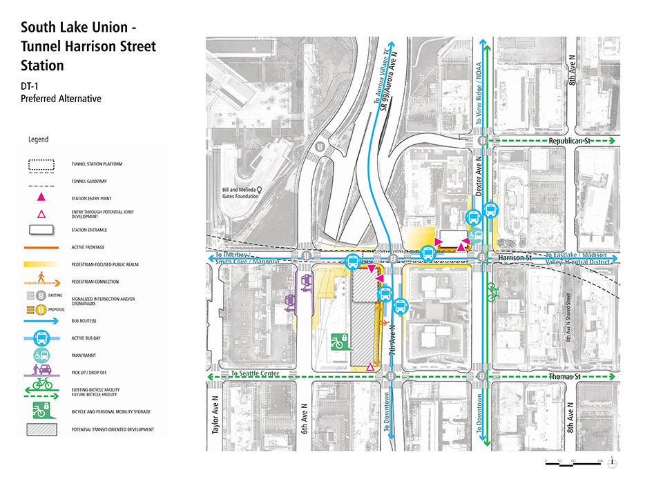A map describes how pedestrians, bus riders, streetcar riders, bicyclists, and drivers could access the South Lake Union – Tunnel Harrison Street Station.